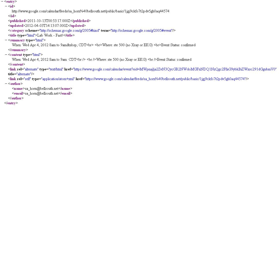typical Google Calendar XML entry